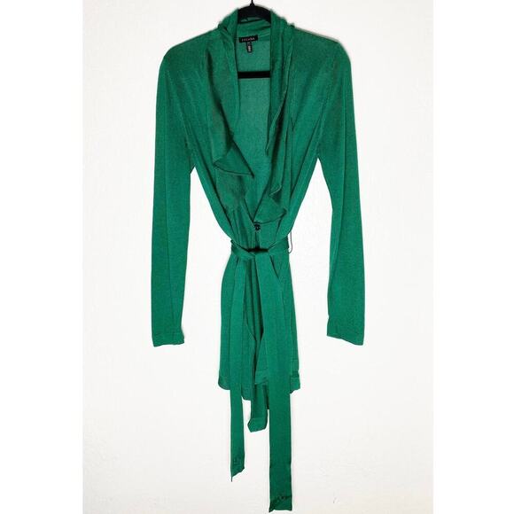 Escada Designer Womens Emerald Green Cardigan Sweater Waterfall Collar Waist Tie - Picture 1 of 12